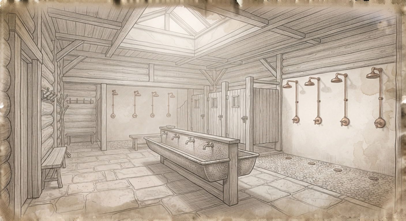 Sketch of a rustic log bathhouse with a skylight, a long copper trough sink, private stalls, and open showers on a pebble floor