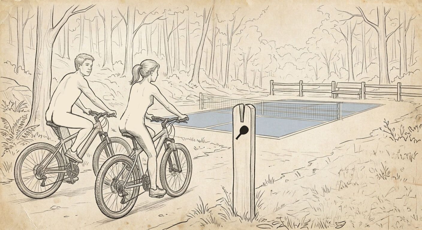 Sketch of two cyclists riding a dirt path through the woods toward a fenced pickleball court