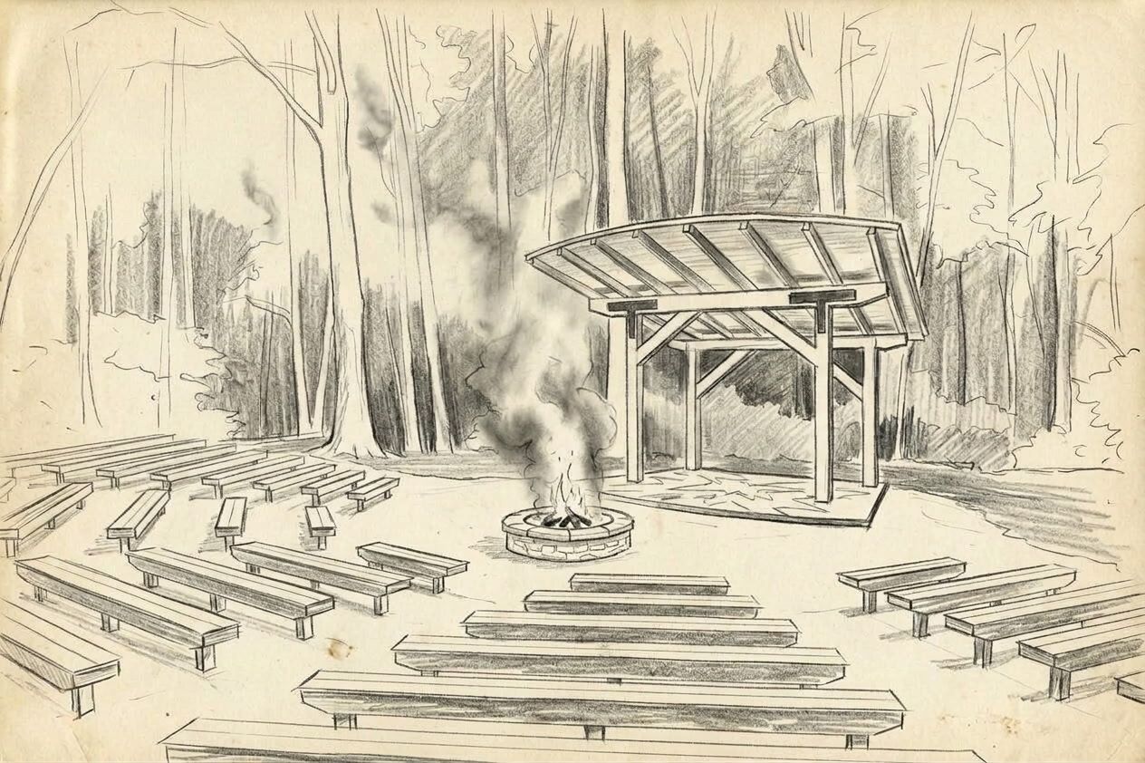 Sketch of an outdoor chapel in the woods: rows of wooden benches curving around a stone fire pit, facing a covered timber stage