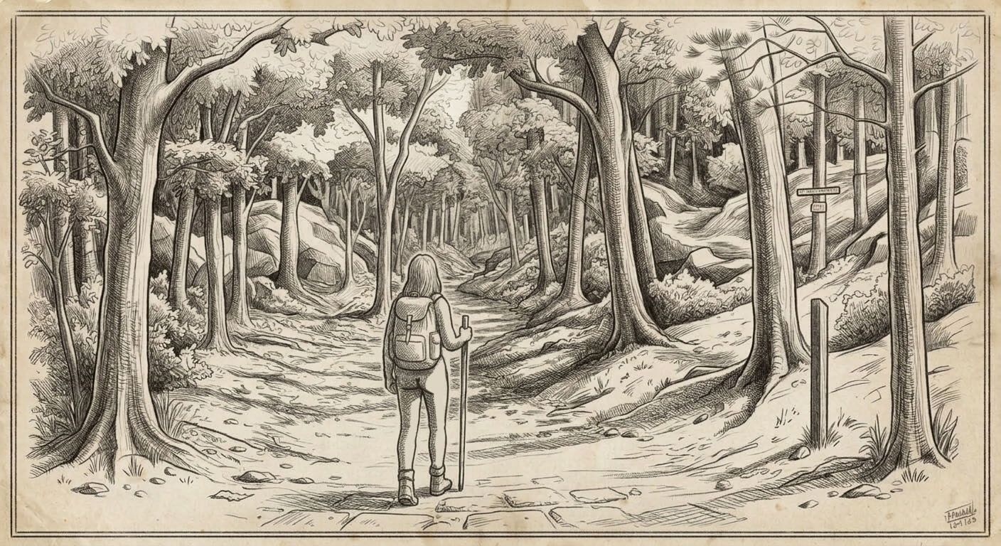 Sketch of a hiker walking alone down a wooded nature trail past a wooden trail sign