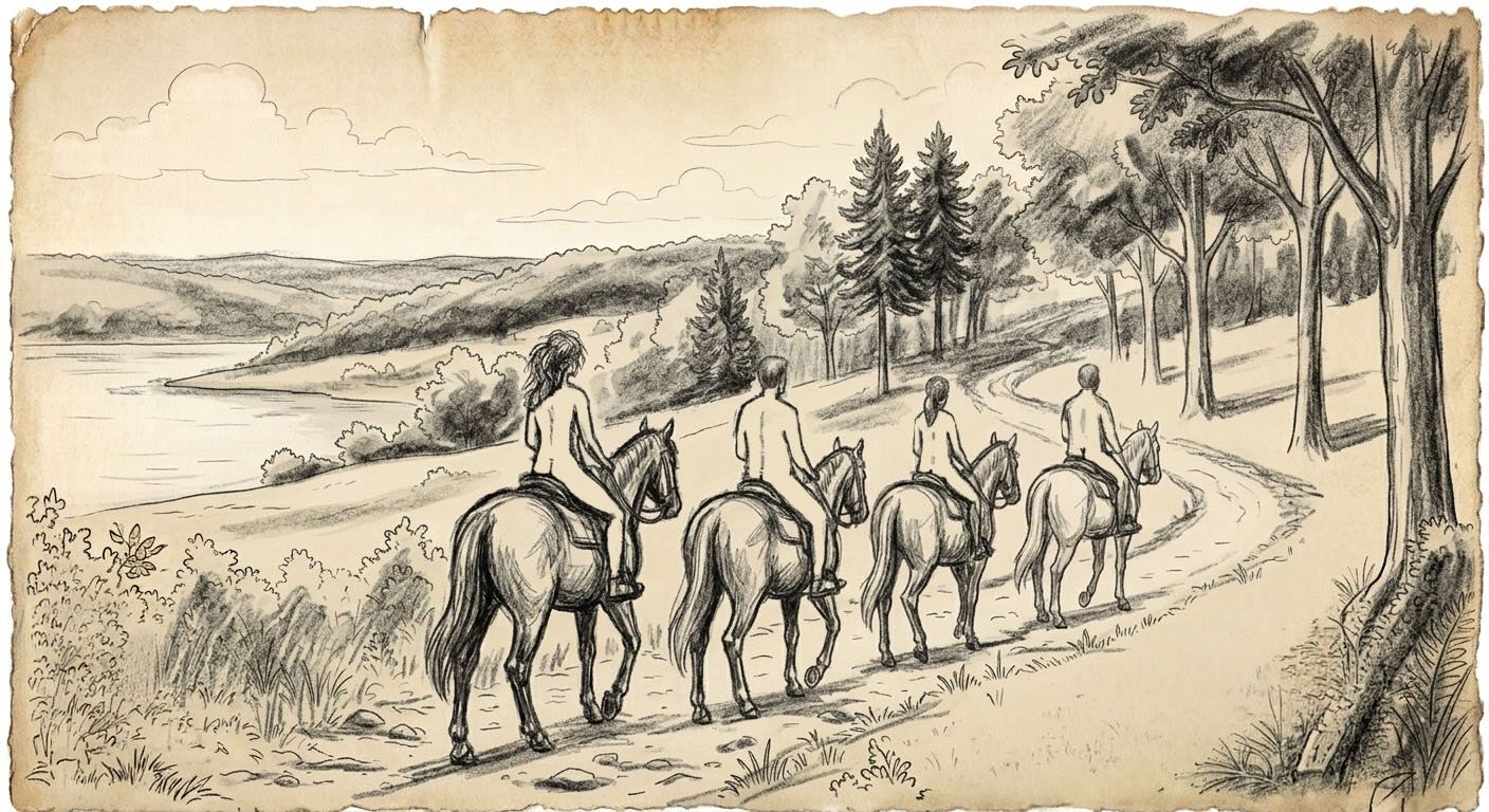 Sketch of four riders on horseback following a trail along a hillside above a lake
