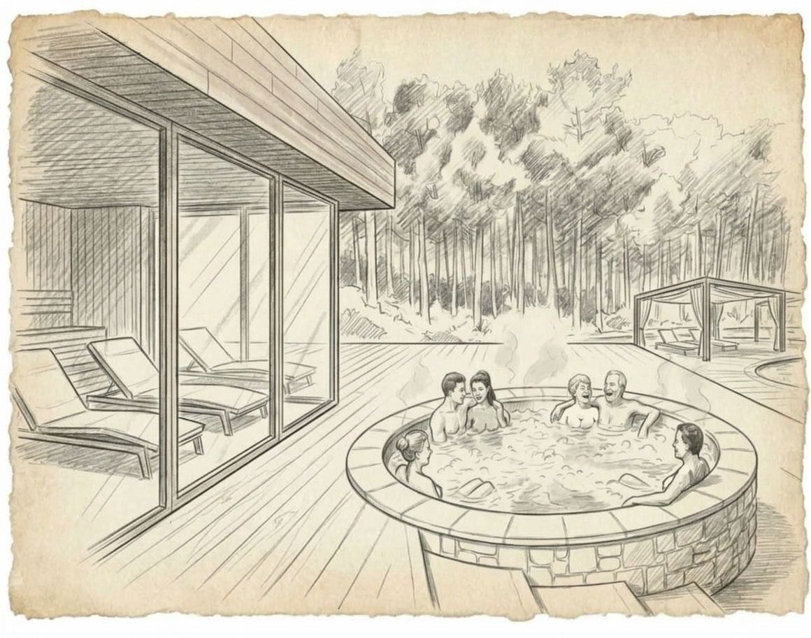 Sketch of friends relaxing together in a round stone hot tub on a wooden deck beside a glass-walled sauna, with lounge chairs and woods beyond