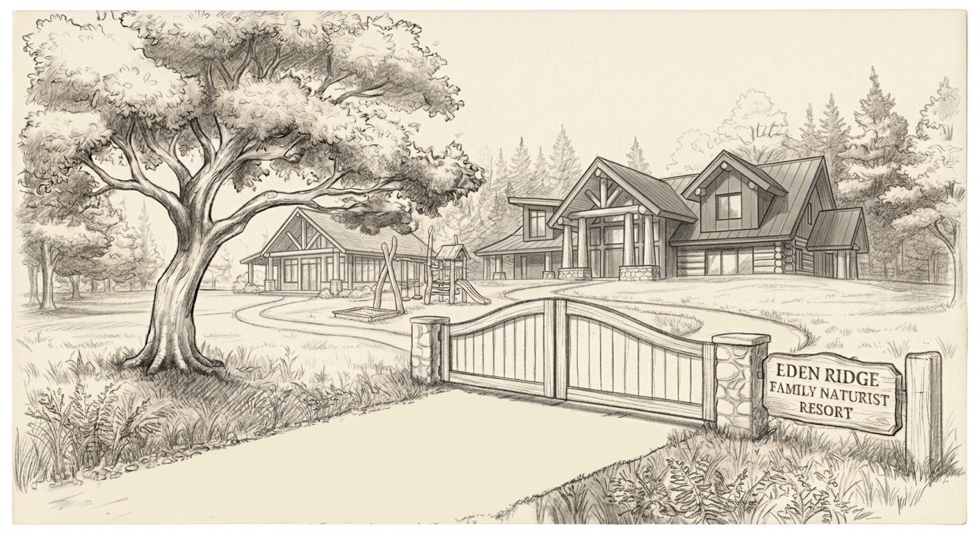 Sketch of the Eden Ridge entrance: a wooden gate and stone pillars, a sign reading Eden Ridge Family Naturist Resort, and a timber clubhouse and playground beyond