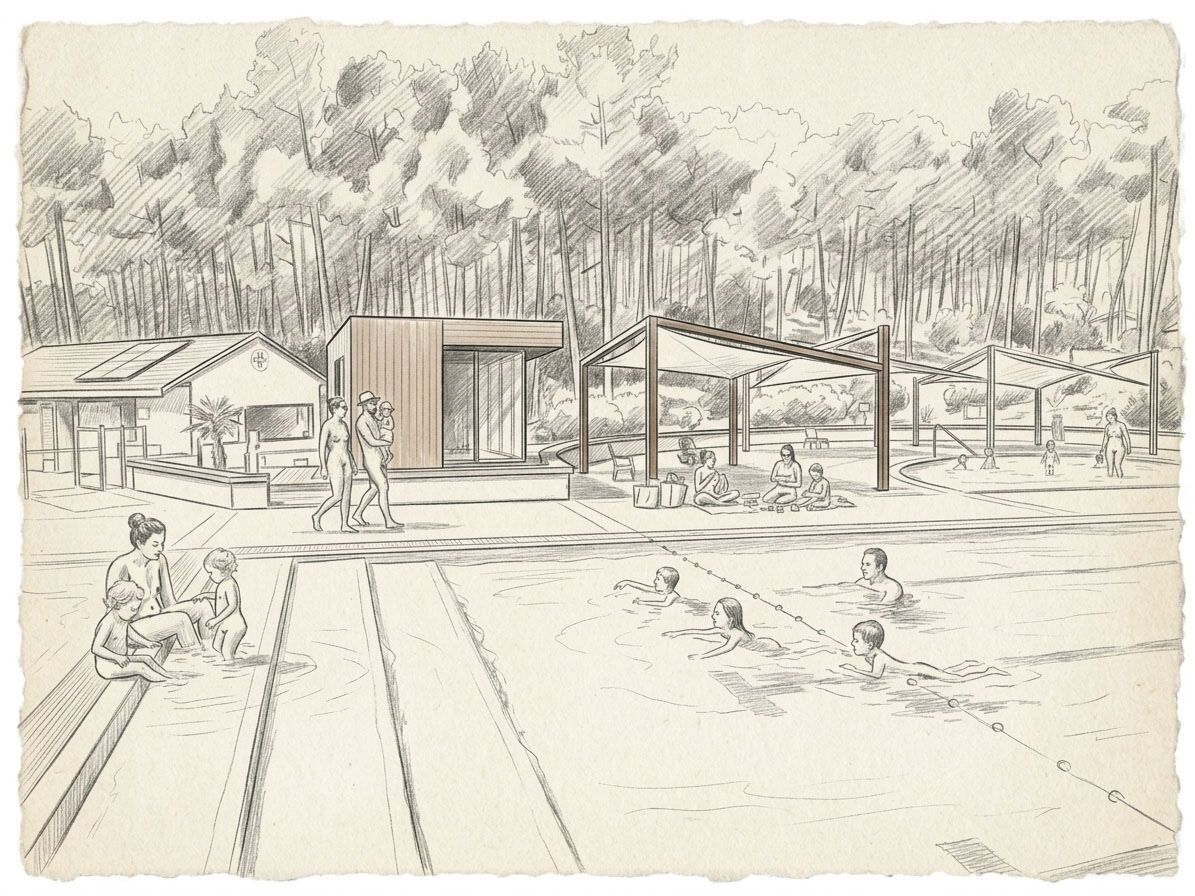 Sketch of a family outdoor swimming pool: parents and young children wading at the steps, kids swimming, and families resting under shade sails beside a small pavilion