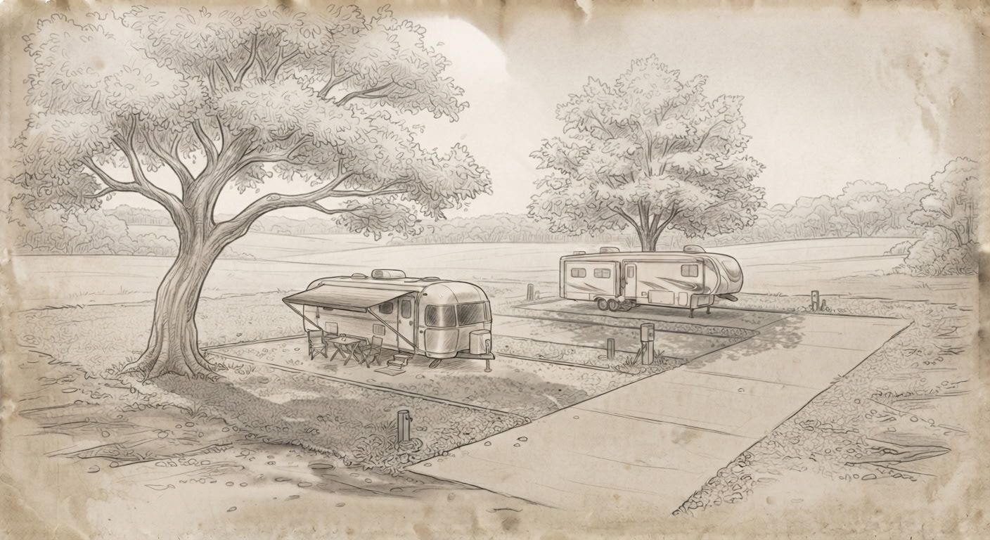 Sketch of shaded RV and camping sites: an Airstream with its awning out and camp chairs under a large tree, and a fifth-wheel on a paved pad beyond