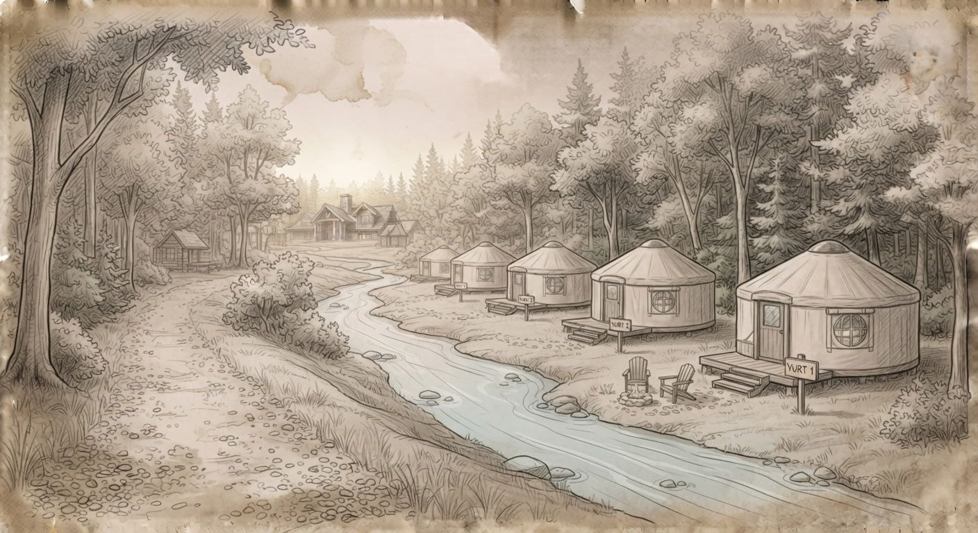 Sketch of a row of numbered yurts with small decks and Adirondack chairs beside a winding creek, with the clubhouse in the distance